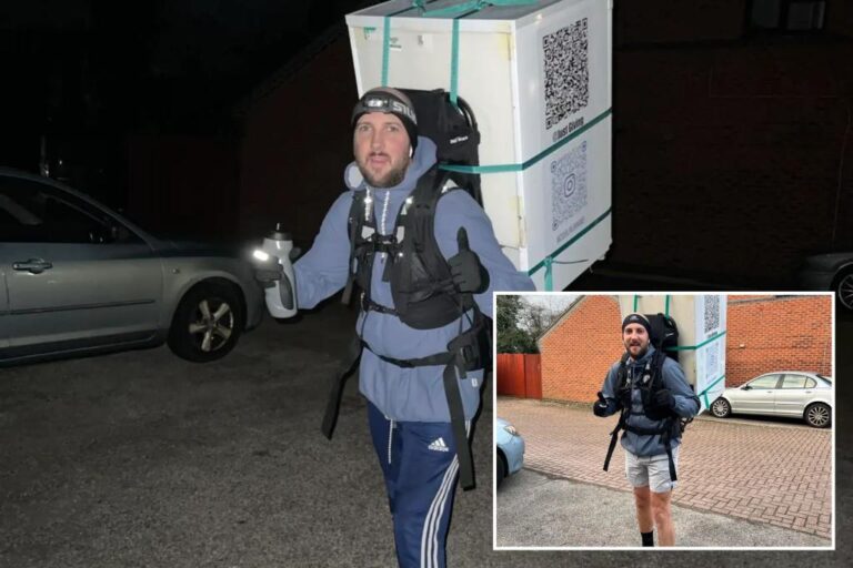 Fitness enthusiast stopped by police for running with refrigerator on his back
