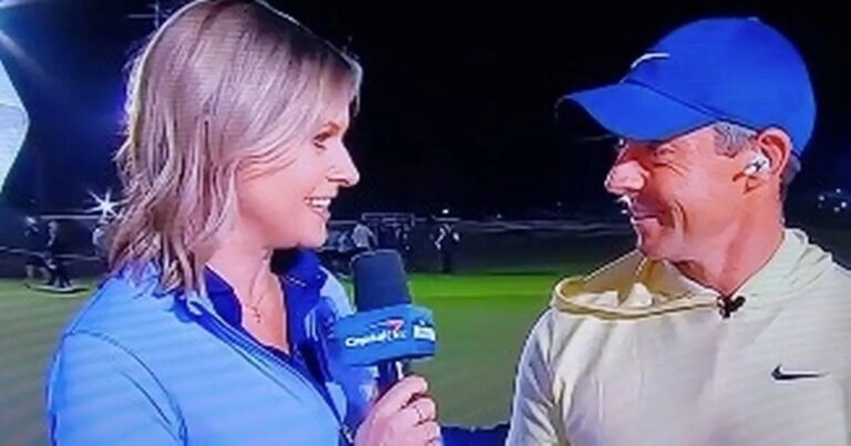 Rory McIlroy flinches during Match IX interview after winning $2.1 million for charity work