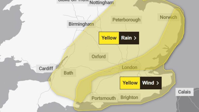 UK weather: New yellow wind and rain warning issued for London and the South East as Britons endure heavy rain and gusty winds today