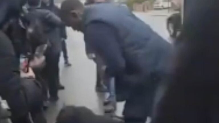 Another day, the moment a brawl erupts outside a bus in a savage street attack in lawless London