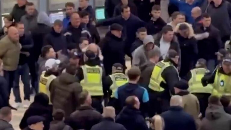 In shocking moments, a huge brawl breaks out at London’s Waterloo station, with Metropolitan police caught up in violent clashes in horrifying lawless territory.