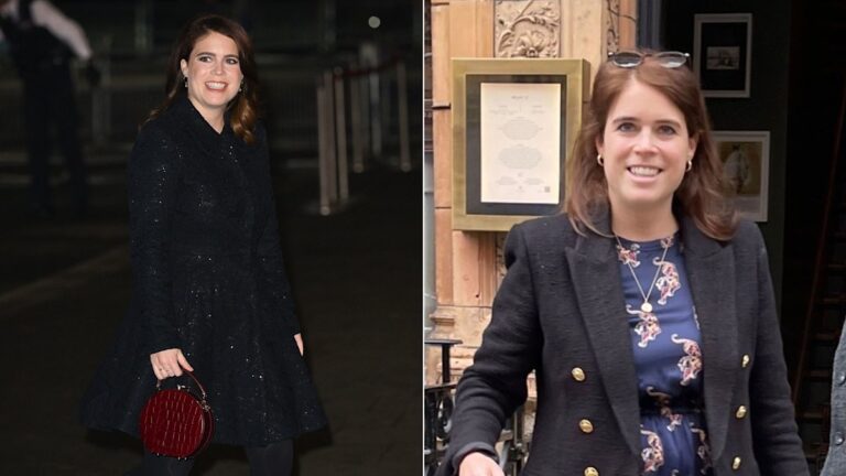 Grinning Princess Eugenie recycles sexy satin mini dress for lunch date in London
