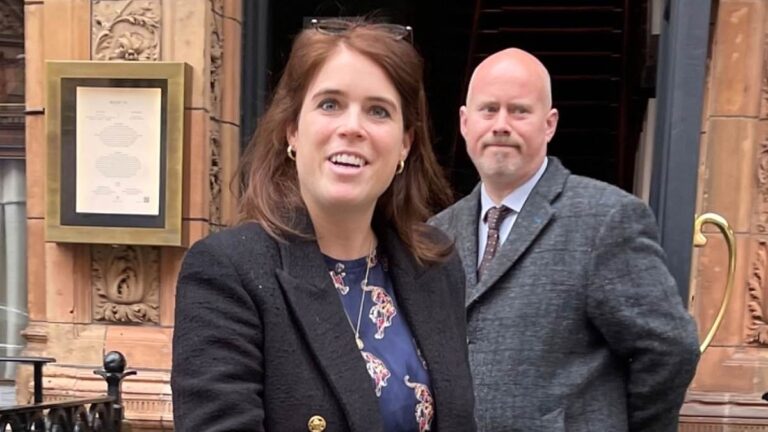 Princess Eugenie is all smiles as she leaves a restaurant in central London.