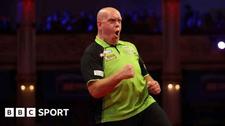World Matchplay: Michael van Gerwen fights back against Andrew Gilding to reach semifinals