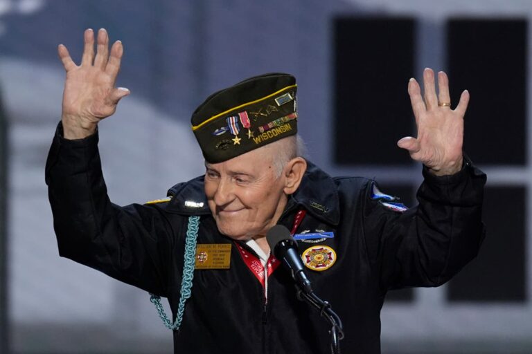 A 98-year-old World War II veteran thrilled the crowd at the Republican National Convention by saying he would reenlist today if Trump were president.